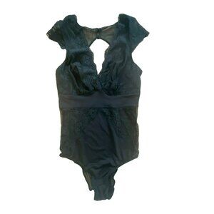 Gilligan & O'Malley Black Lace Bodysuit size XS Stretchy NWT Dotted Swiss V-Neck